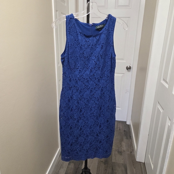 Lauren Ralph Lauren Blue Lace Dress Sleeveless Cotton Blend Sheath Midi Elegant - Picture 2 of 8